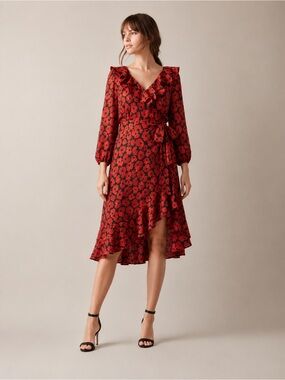 JW Jason Wu Red Poppy Floral Ruffle Wrap Midi Dress Rockabilly Pinup